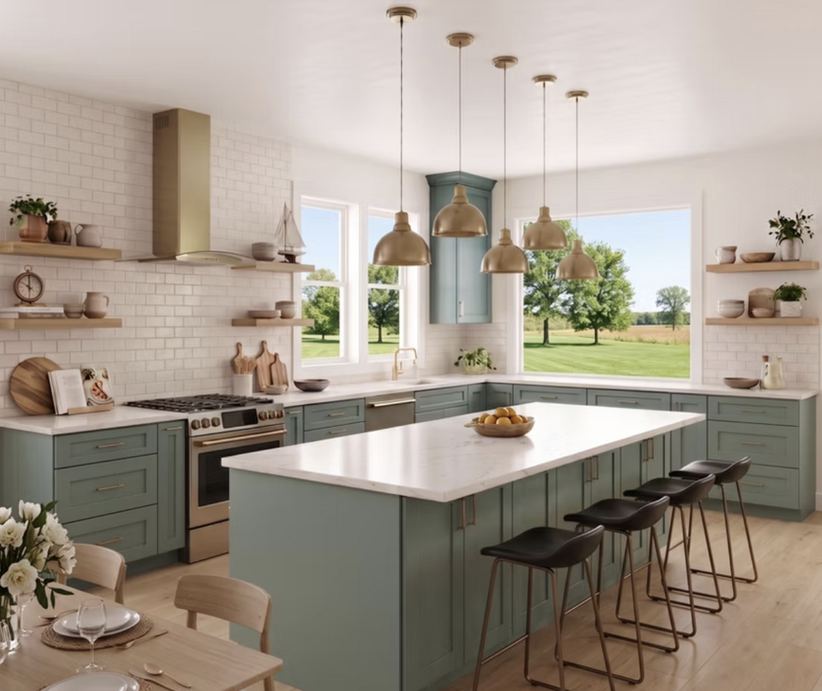 Midnight Cove green kitchen island cabinets