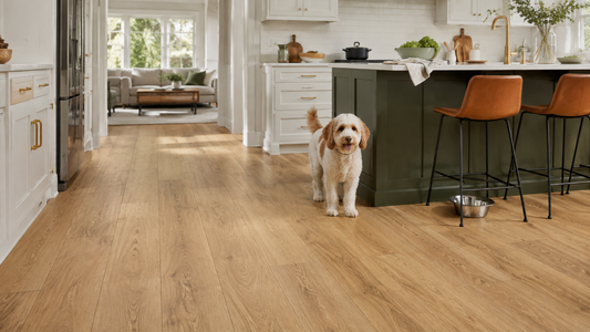 Dog standing on durable wood-look waterproof flooring in a bright family kitchen