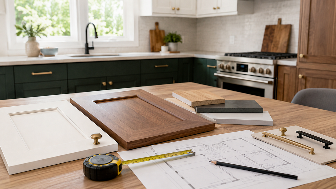 Shaker cabinet door samples, hardware, measuring tape, and kitchen plans for a cabinet quote