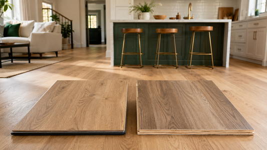 Luxury vinyl plank and laminate flooring samples in a bright Joplin-style kitchen