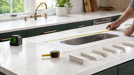 Professional measurement and templating of a white quartz kitchen countertop around a sink cutout