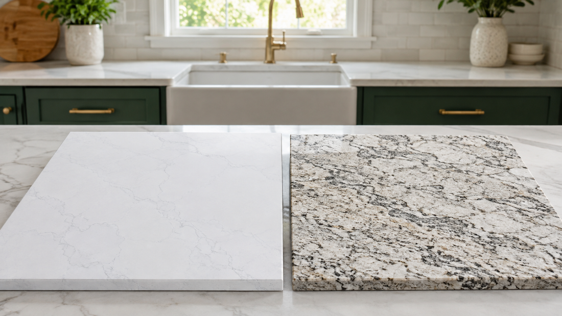White quartz and natural granite countertop samples displayed side by side in a kitchen
