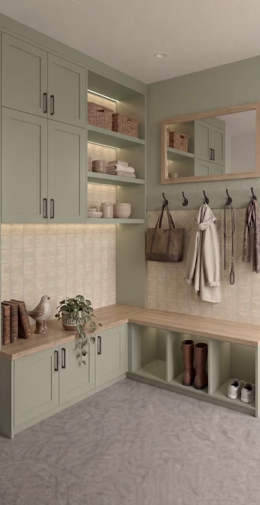 Midnight Cove green mudroom storage cabinets